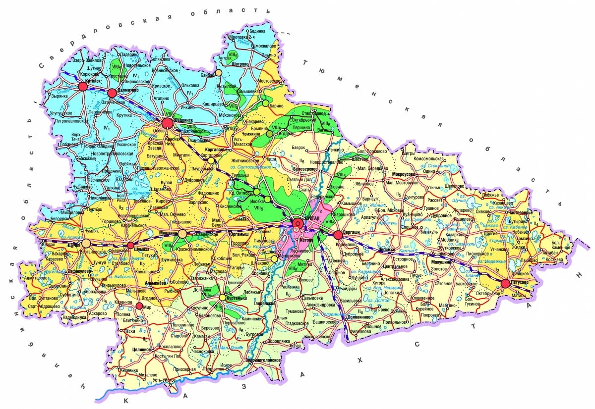 Карта курганской области подробная с населенными пунктами и озерами и дорогами подробная