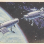 Автоматическая стыковка. Из подборки открыток «Человек в космосе» (16 открыток). Художники А. Леонов, А. Соколов. Издательство «Изобразительное искусство». Москва. 1969 год. Тираж 90 000. Ц.2 к. Калининский полиграфкомбинат. Предоставлено Ириной Дмитриевной Денисовой.